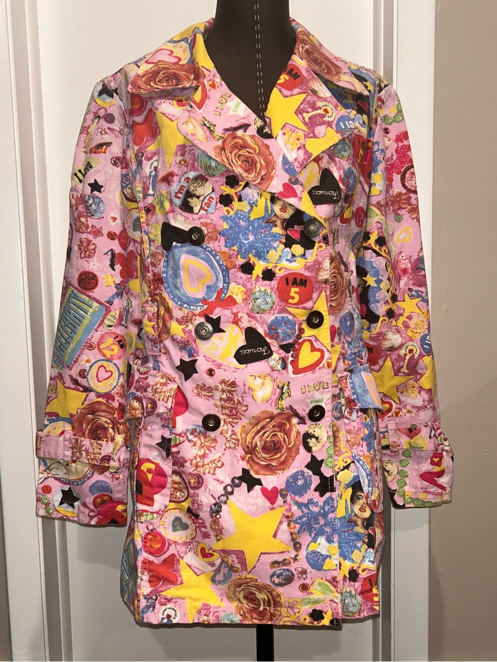 Fiorucci trench coat vintage pink graphic heart rose cherub print women’s medium